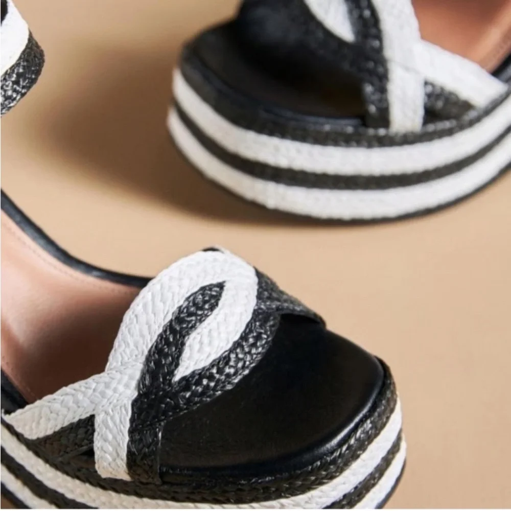 Anthropologie Striped Black and White Espadrille Wedges